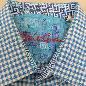 Robert Graham shirt XL blue check plaid greek key classic fit contrast cuff